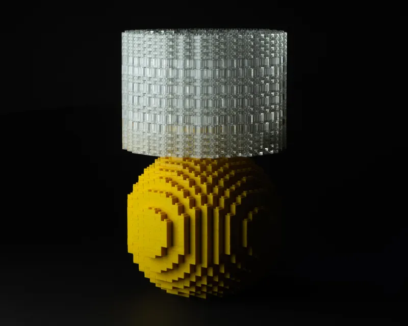 A yellow Splash of Color lamp with a translucent brick shade on a black studio backdrop.